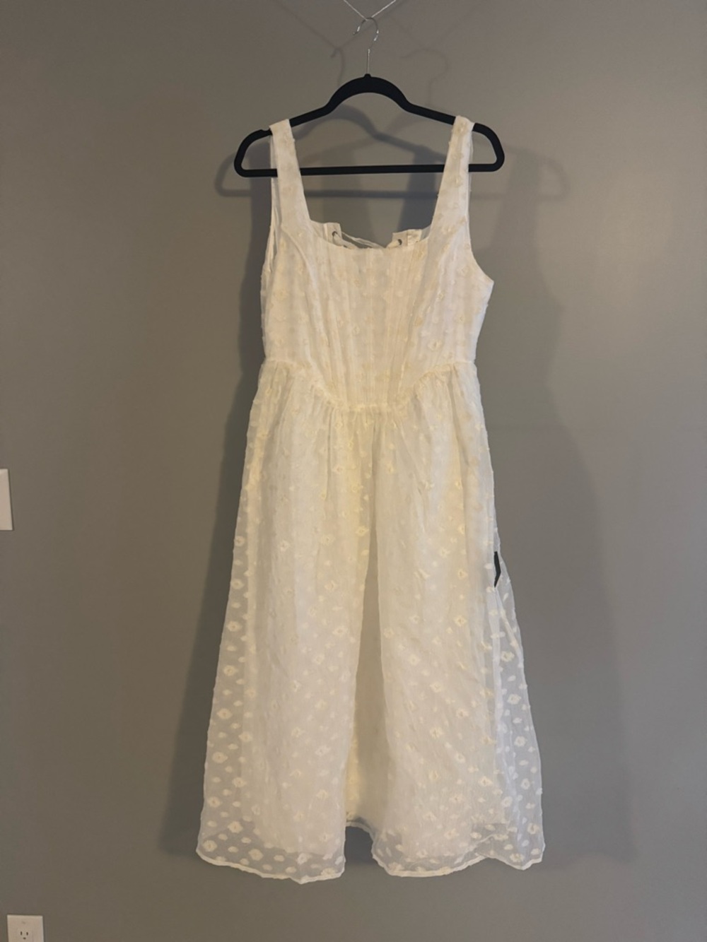 Lulu's Cream Corset Style Midi Dress with Textured Dot Overlay (Has pockets!)